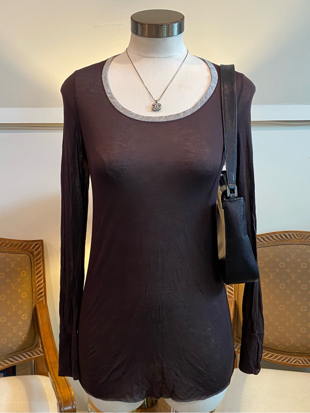 Yigal Azrouel Sheer Long-Sleeve Scoop Neck Top In Chocolate Brown With Gray Trim